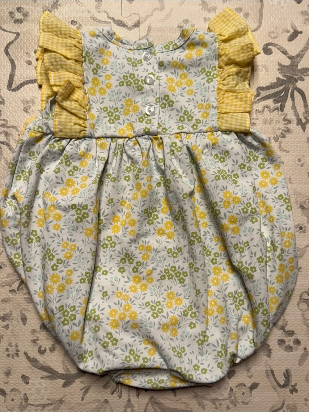 Stitchy Fish Yellow Floral Baby Romper with Gingham Bows